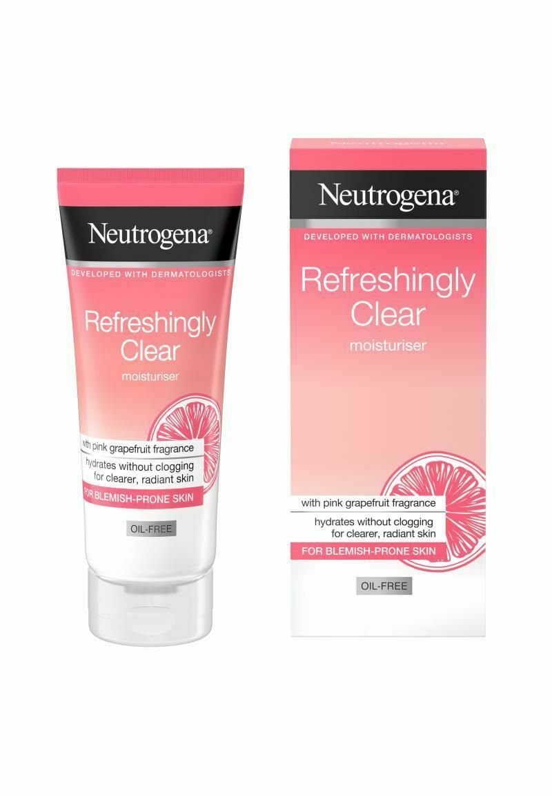 Neutrogena Refreshingly Clear fugtighedscreme i en lyserød tube med en hvid bund, der har en illustration af grapefrugt og et label med olie-fri.