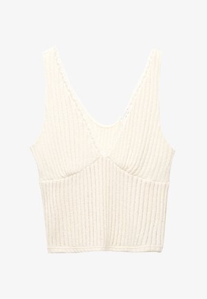 Ribbet hvid crop-top med en dyb V-hals, blondedetaljer og strukturerede sømme ved busten for form. Tekstureret stof tilføjer visuel interesse.