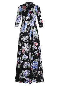 Robe longue à fleurs en tissu noir, avec un col chemise, des manches longues et des motifs floraux multicolores vifs sur toute la surface.