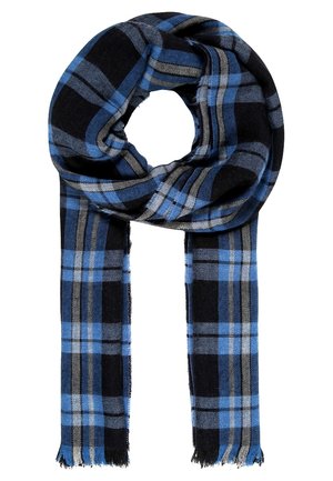 Écharpe en laine à carreaux bleue, noire et grise avec des extrémités frangées, montrée enroulée en boucle circulaire.