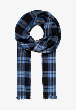 Écharpe en laine à carreaux bleue, noire et grise avec des extrémités frangées, montrée enroulée en boucle circulaire.