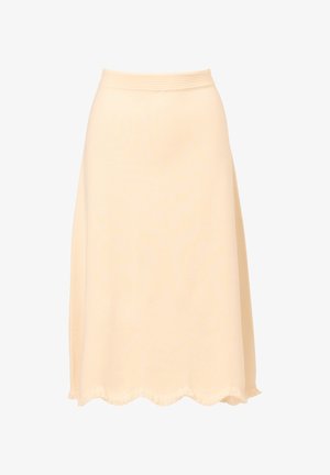 Faltenrock im A-Linie aus weichem beigen Stoff. Mit geripptem Bund und gewelltem Saum. Glatte Textur mit einem schlichten Design.