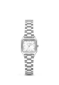 Silver stainless steel watch with a square face, white dial, minimalist hour markers, and a linked bracelet strap. Simple crown detail included.