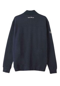 Sweatshirt bleu marine avec un col haut, des poignets côtelés et un petit logo dans le dos. Texture douce et coupe décontractée.