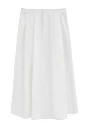 Biała spódnica o linii A do połowy łydki z przednimi plisami i paskiem w talii, charakteryzująca się czystym i minimalistycznym designem.
