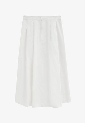 Witte A-lijn midi rok met plooien aan de voorkant en een tailleband, met een strak en minimalistisch ontwerp.