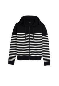 Sweat à capuche noir zippé avec des rayures blanches horizontales sur le corps et les manches, doté d'une fermeture éclair frontale et d'une capuche à cordon.