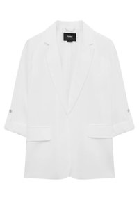 Weißer Blazer mit Reverskragen, zwei Vordertaschen und umgeschlagenen Ärmeln. Verfügt über eine weiche Textur und ein minimalistisches Design.