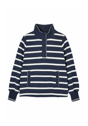 Navy striped pullover with white horizontal stripes, mock collar, front placket, and two side pockets; made of a soft fabric.