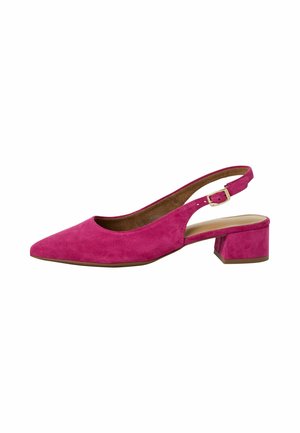 Fuchsiové semišové slingback lodičky s špičatou špičkou, krátkým blokovým podpatkem a nastavitelným kotníkovým popruhem. Jemná textura a čisté designové linie.