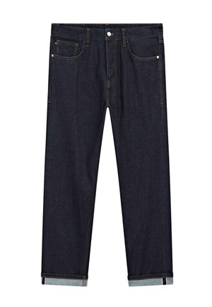 Dark blue denim jeans with a straight fit, featuring five pockets, a button closure, and rolled cuffs showcasing contrasting lighter fabric.