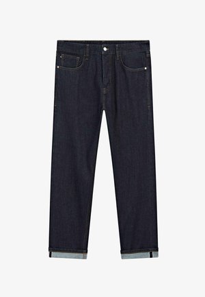 Jeans in denim blu scuro con vestibilità dritta, caratterizzati da cinque tasche, chiusura con bottone e risvolti che mostrano un tessuto più chiaro a contrasto.