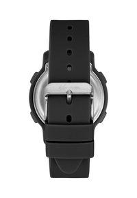 Schwarzes Silikon-Uhrenarmband mit einer Edelstahlschnalle und einem runden Uhrengehäuse. Das Armband verfügt über mehrere Löcher für eine verstellbare Passform.