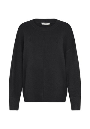 Melnā adītā džemperis ar apaļu kakla izgriezumu, nokarenu plecu līniju un ribiņota auduma aprocēm. Vienkāršs dizains un maiga tekstūra. Bez rakstiem vai akcentiem.