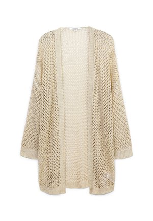 Cardigan beige, leggero e lavorato a maglia con apertura frontale, maniche lunghe e una texture ampia e ariosa, caratterizzato da un motivo a diamante.