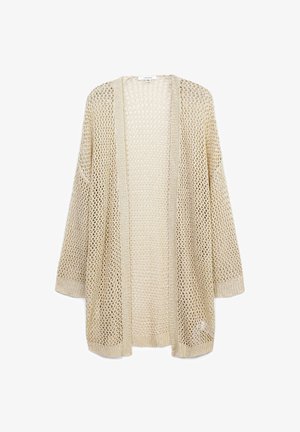 Cardigan beige, leggero e lavorato a maglia con apertura frontale, maniche lunghe e una texture ampia e ariosa, caratterizzato da un motivo a diamante.