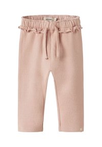 Pantaloni per neonati di un morbido rosa con vita elastica, cordoncino e dettagli a volant intorno alla vita, realizzati in tessuto a maglia.