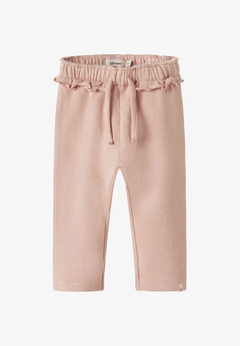 Mehki roza otroške hlače z elastičnim pasom, vrvico za zategovanje in čipkastim detajlom okoli pasu, izdelane iz pletenega blaga.