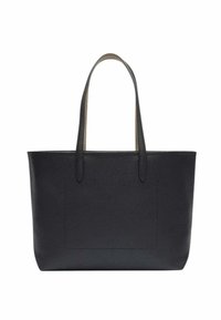 Sac fourre-tout en cuir noir avec une texture lisse, deux poignées et une poche frontale centrée. Design minimaliste, forme rectangulaire sans matériel visible.