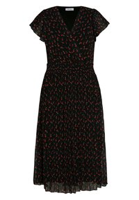 Zwarte midi-jurk met print van rode rozenknoppen, V-hals, korte mouwtjes met volant en een geplooide taille.