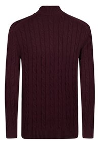 Maglione a maglia bordeaux con motivo a trecce, colletto alto e polsini e orlo a coste, realizzato in tessuto morbido e strutturato.