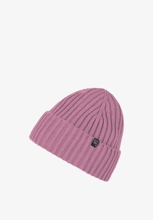Bonnet en tricot rose avec une texture côtelée et un revers. Présente une petite étiquette noire avec des lettres blanches. Matière douce et chaude.