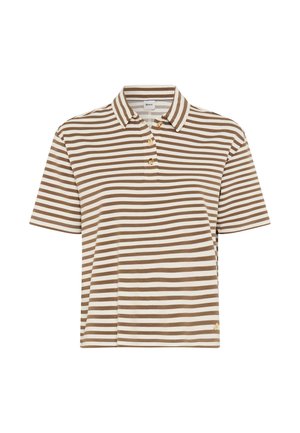 Brun og hvid kortærmet polo med horisontale striber, krave og tre knapper på stolpelukningen, lavet af blødt stof.