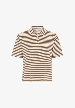 Polo à manches courtes à rayures horizontales marron et blanc avec col et trois boutons sur la patte de boutonnage, fabriqué en tissu doux.