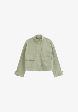 Light green cropped jacket made of textured fabric, featuring a stand-up collar, two front pockets, and buttoned cuffs.