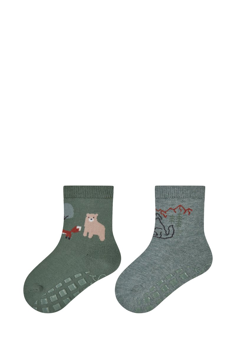 Green cotton socks featuring animal graphics. One sock shows a bear and fox, the other displays a grey elephant with red accents. Anti-slip sole design.