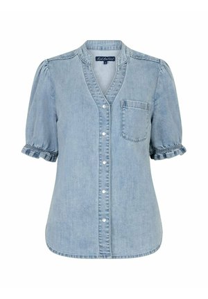 Lichtblauw denim blouse met korte mouwen, knopen aan de voorkant, gerimpelde mouwzomen, een borstzak en een bandkraag.