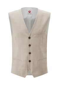 Hellbeige Weste aus strukturiertem Stoff mit V-Ausschnitt, fünf dunklen Knöpfen und zwei Taschen. Glattes Innenfutter sichtbar.
