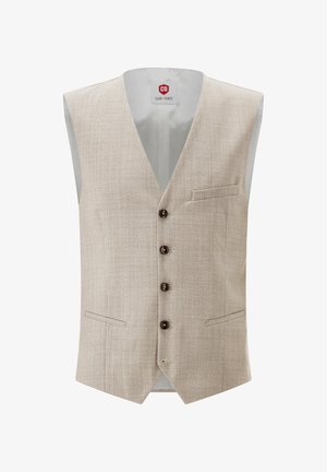 Hellbeige Weste aus strukturiertem Stoff mit V-Ausschnitt, fünf dunklen Knöpfen und zwei Taschen. Glattes Innenfutter sichtbar.