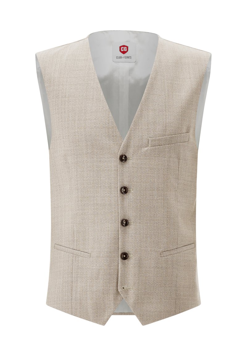 Hellbeige Weste aus strukturiertem Stoff mit V-Ausschnitt, fünf dunklen Knöpfen und zwei Taschen. Glattes Innenfutter sichtbar.