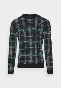 Zielony i czarny sweter w kratę z okrągłym dekoltem, długimi rękawami i ściągaczami na mankietach. Teksturowany wzór dzianiny z białymi akcentami.