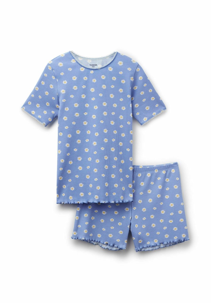 Ensemble composé d'une chemise à manches courtes côtelée bleue et d'un short, imprimé de marguerites blanches et jaunes, avec des bordures festonnées sur les manches, l'ourlet et le short.