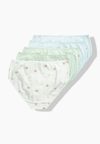 Vijf paar katoenen slipjes in pastelkleuren: lichtblauw, mintgroen en wit met kleine bloempatroontjes. Glad textuur, traditionele slipvorm.