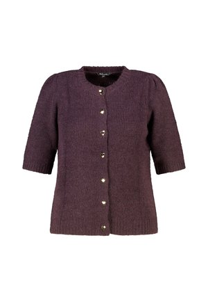 Donkerpaarse gebreide cardigan met korte mouwen, ronde hals en gouden hartvormige knopen aan de voorkant.