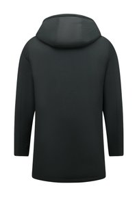 Zwarte winterjas met capuchon en lange mouwen, achteraan getoond op een witte achtergrond.