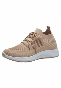 Sneakers in rete beige con tomaia testurizzata, colletto imbottito e suola in gomma bianca. Presentano lacci piatti e un logo sul lato.