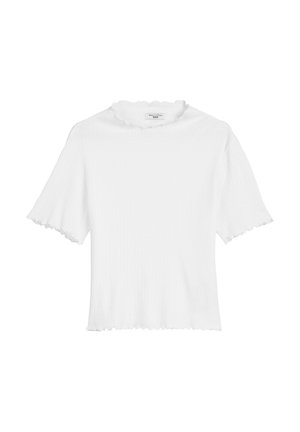 White ribbed t-shirt with short sleeves and frilled edges at the neckline and sleeves. Soft texture, relaxed fit, no visible patterns or embellishments.