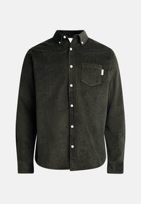 Donkergroene corduroy blouse met een button-down kraag, lange mouwen, een borstzakje en witte knopen. Zachte textuur met verticale ribbels.
