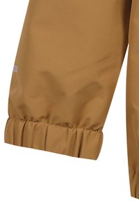 Brun vattentät jackärm med elastisk mudd, slät textur och subtil lyster. Har en märkeslogotyp på tyget.