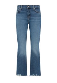 Jeans a zampa d'elefante di colore blu realizzati in denim, con una finitura sbiadita, orlo grezzo e design classico a cinque tasche con chiusura anteriore a bottone.