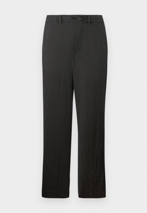 Black, straight-leg pants with a smooth texture, featuring a drawstring waistband and a subtle, lightweight fabric.