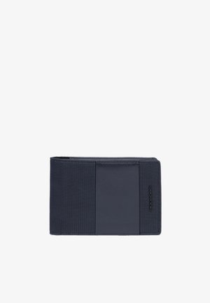 Rectangular navy blue wallet with textured fabric sides and smooth leather center panel, closed and standing against white background.