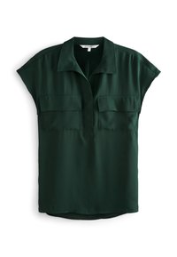 Blouse verte à manches courtes en tissu lisse avec col, dotée de deux poches poitrine et d'une patte de boutonnage avant sur la moitié.