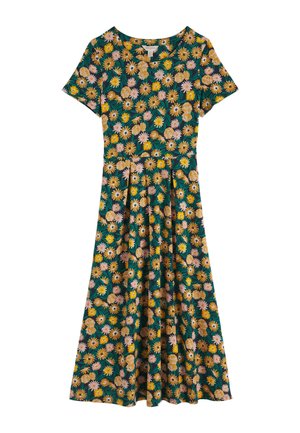 Vestido midi verde de manga corta con un patrón floral de margaritas en amarillo y rosa, y cintura ajustada.
