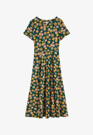 Vestido midi verde de manga corta con un patrón floral de margaritas en amarillo y rosa, y cintura ajustada.