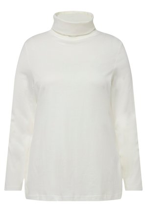 T-shirt à manches longues blanc en col roulé fabriqué en tissu doux. Il présente un col haut et une coupe décontractée avec des fentes sur les côtés à l'ourlet.